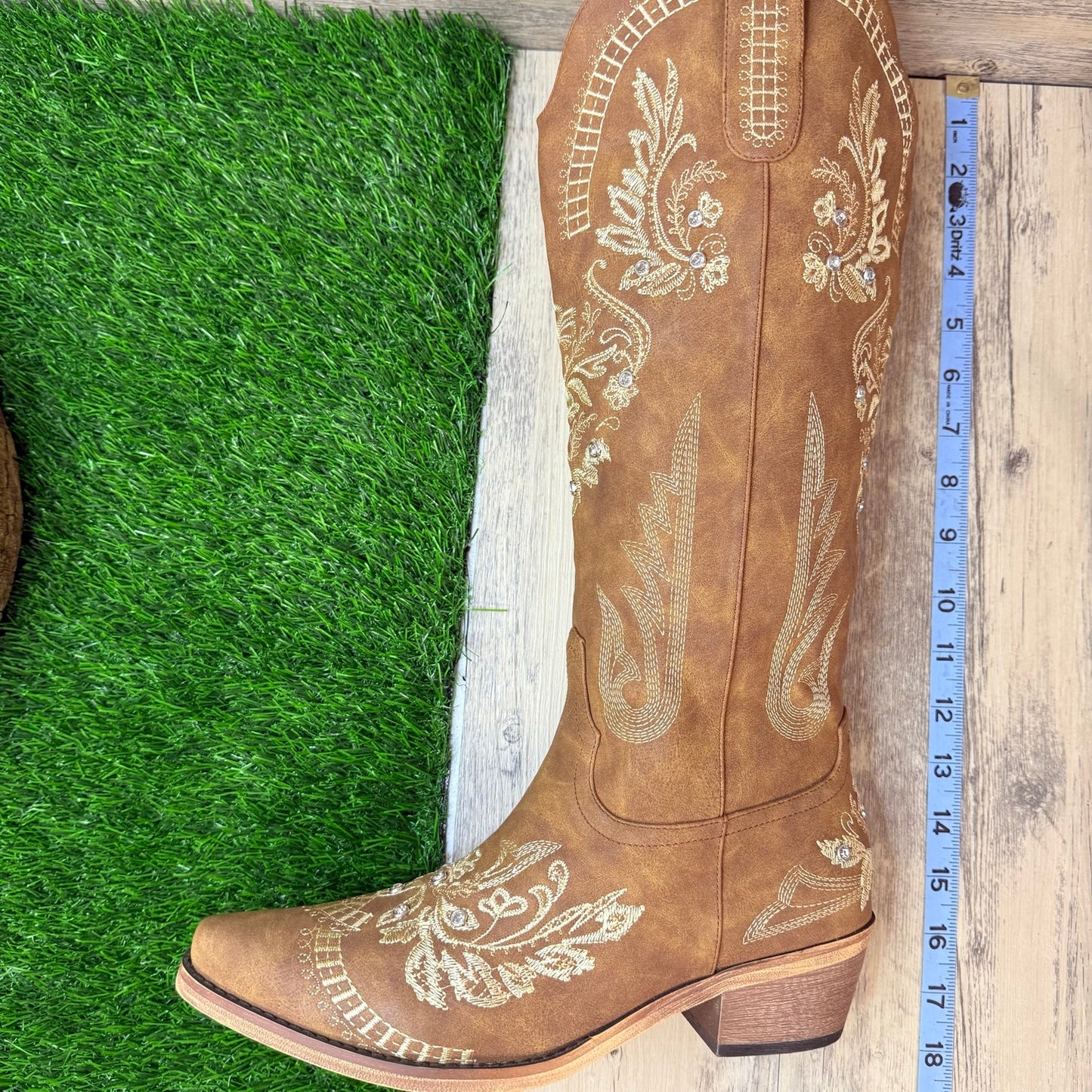 Unknown Women - Size 8.5 - Tan Jeweled Faux Suede Tall Cowboy Boots