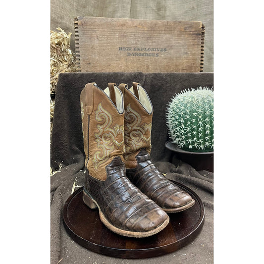 Old West Youth - Size 2 - Brown Gator Print Square Toe Cowboy Boots BSC1830