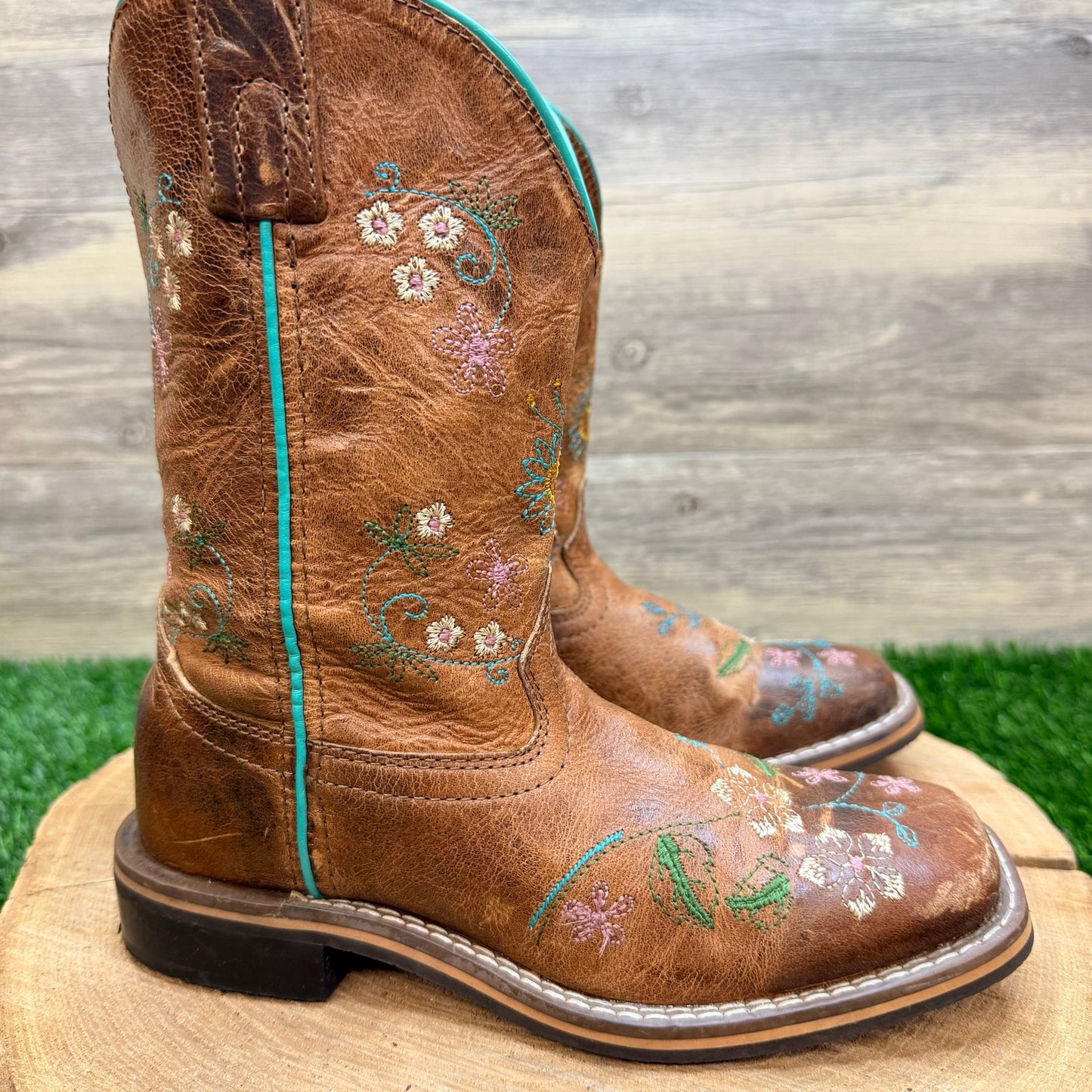 Smoky Mountain Youth - Size 2R - Tan Floral Square Toe Cowboy Boots 3841C