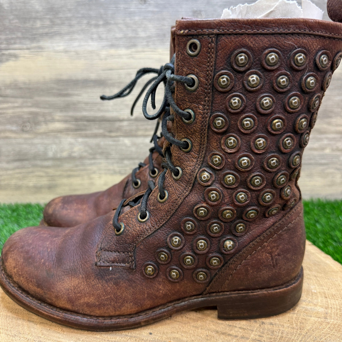Frye Women - Size 7B - Brown Studded Lace Up Boots Style 76421