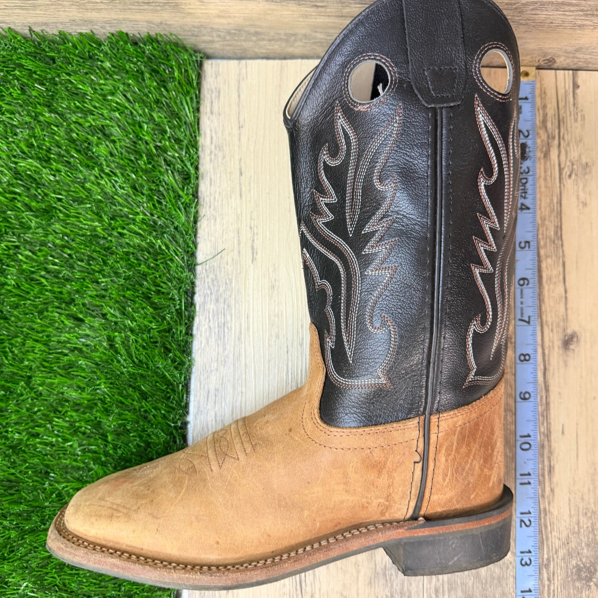 Old West Youth - Size 4.5D - Black / Tan Square Western Cowboy Boots BSY1814