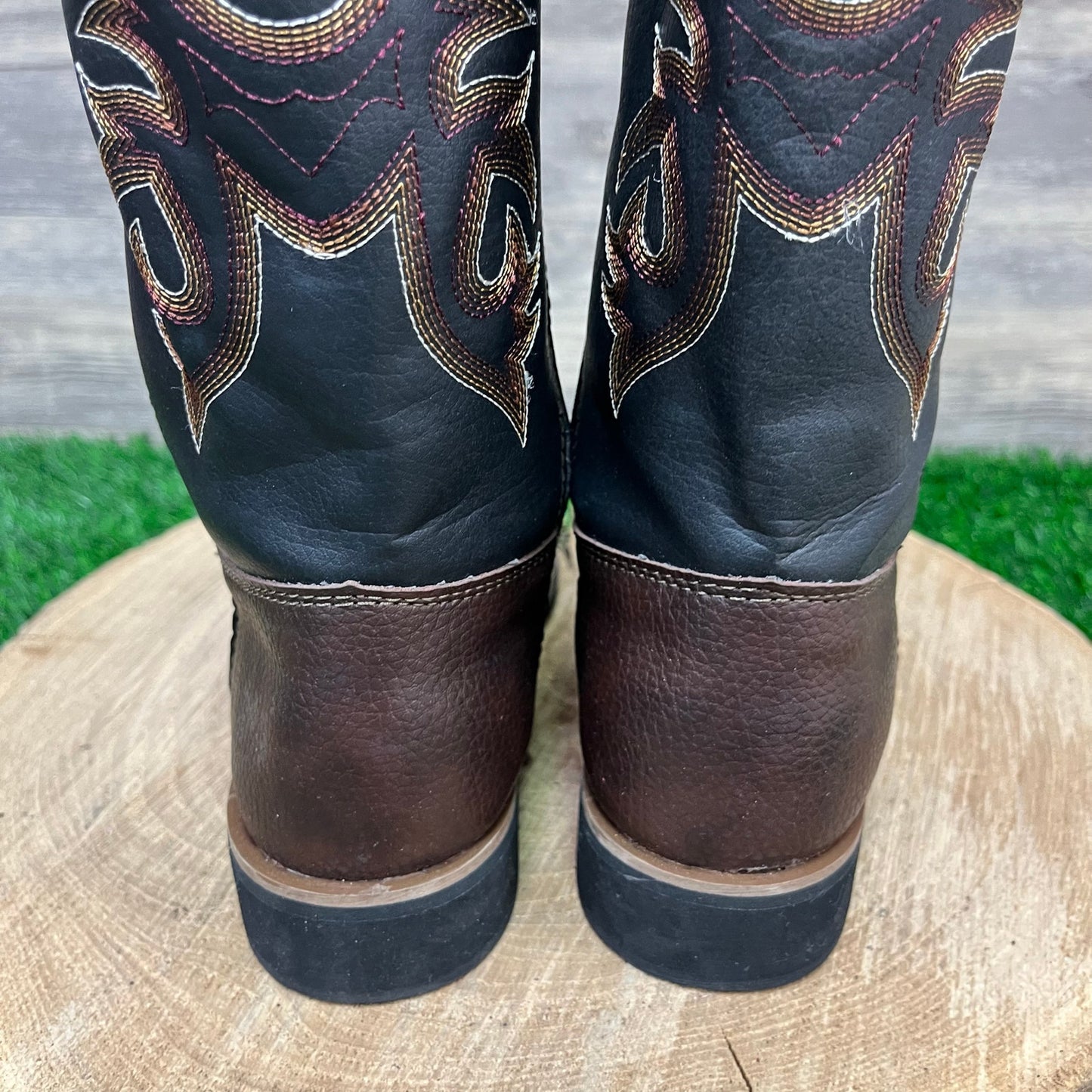 Austin Youth - Size 3 - Black/Brown Square Toe Faux Leather Cowboy Boots 1014