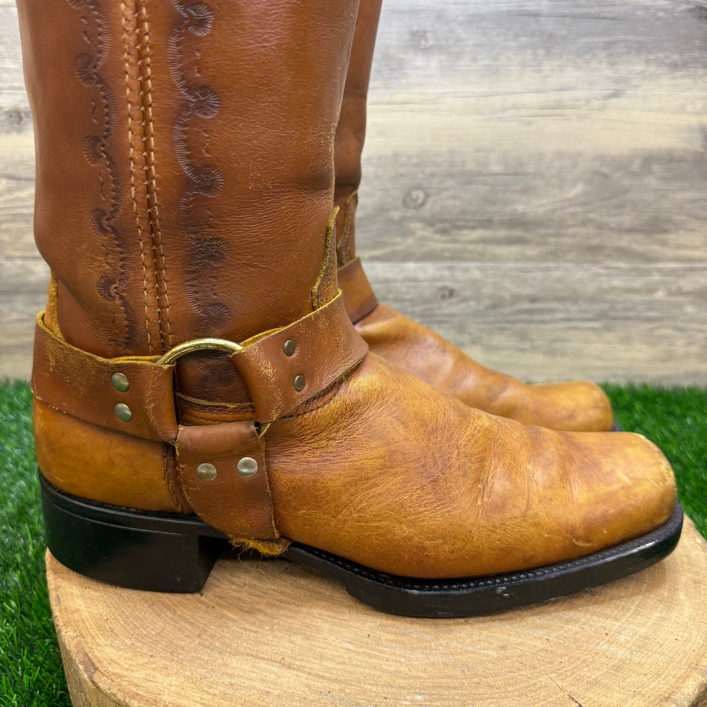 Acme Men - Size 10D - Vintage Tan Harness Square Toe Western Cowboy Boots 18068