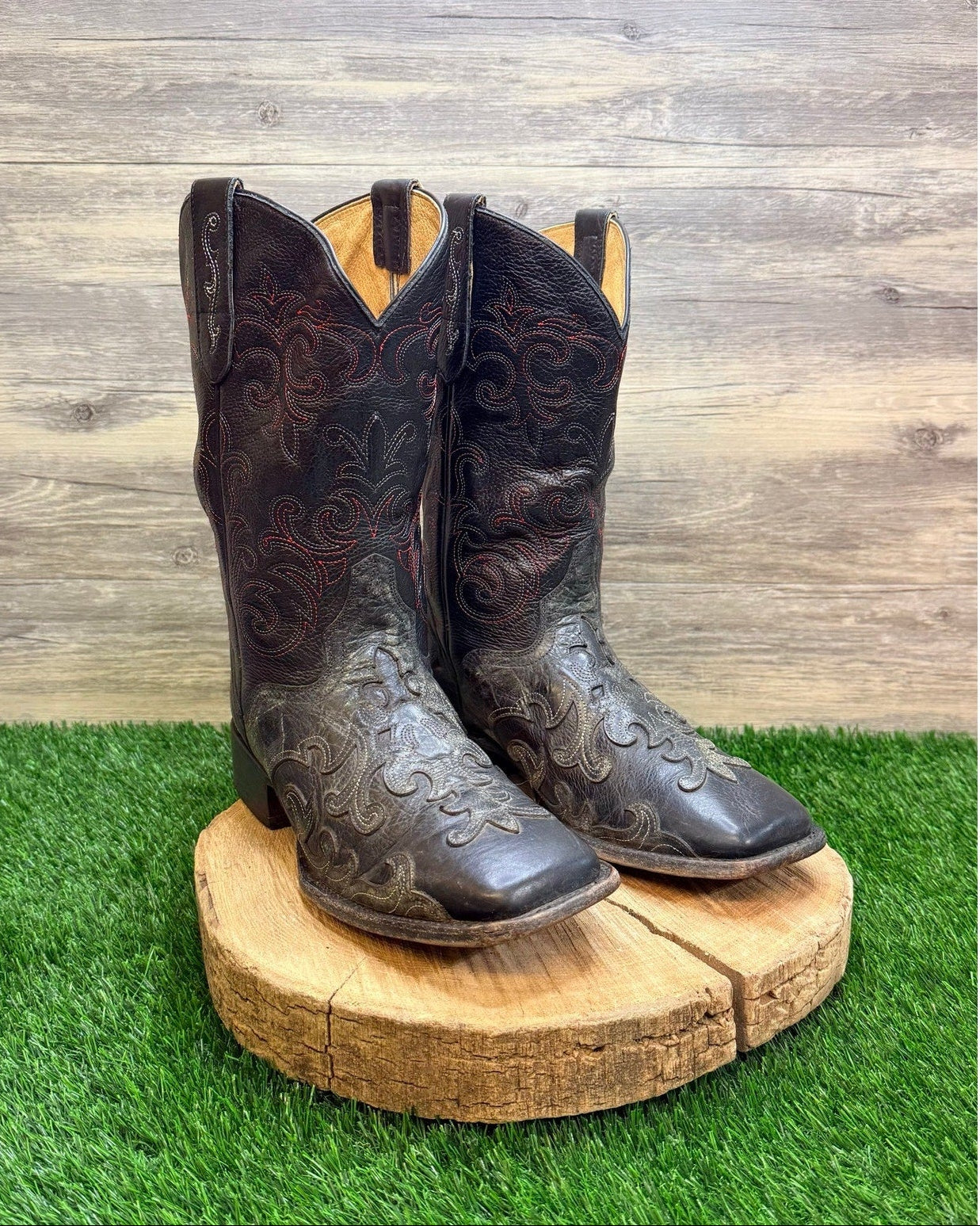JB Dillon Men - Size 11EE - Black / Red Scroll Square Toy Cowboy Boots JBM2013