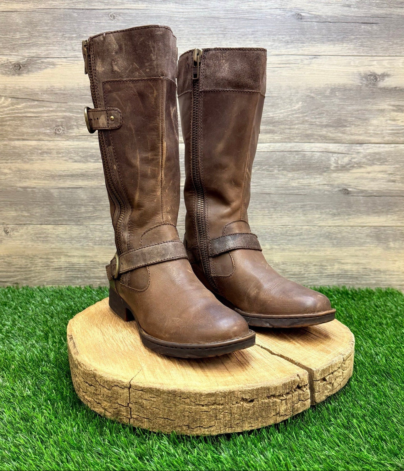 Born Women - Size 7M - Brown Strappy Zipper Boots D70223