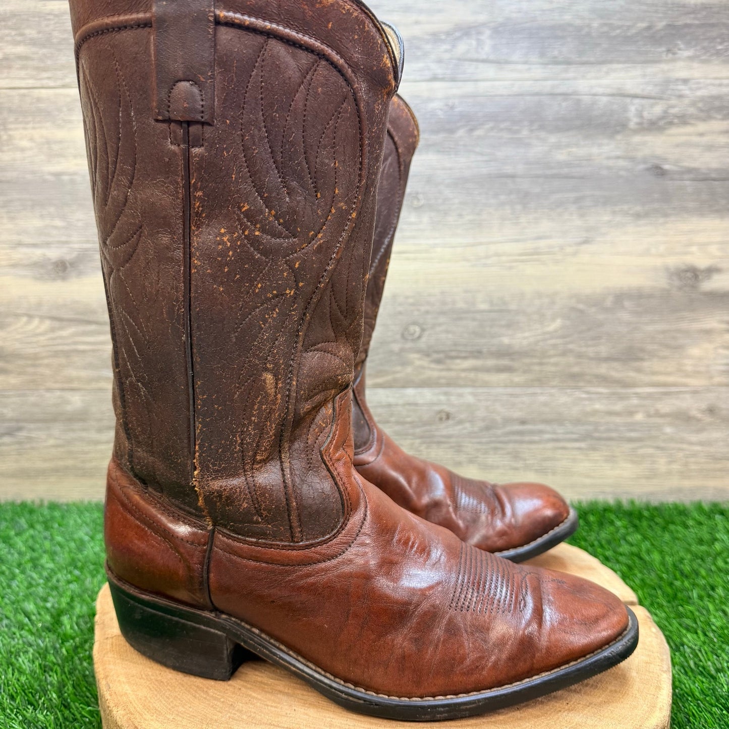 Acme Men - Size 8EW - Vintage Marbled Brown Western Cowboy Boots 8304