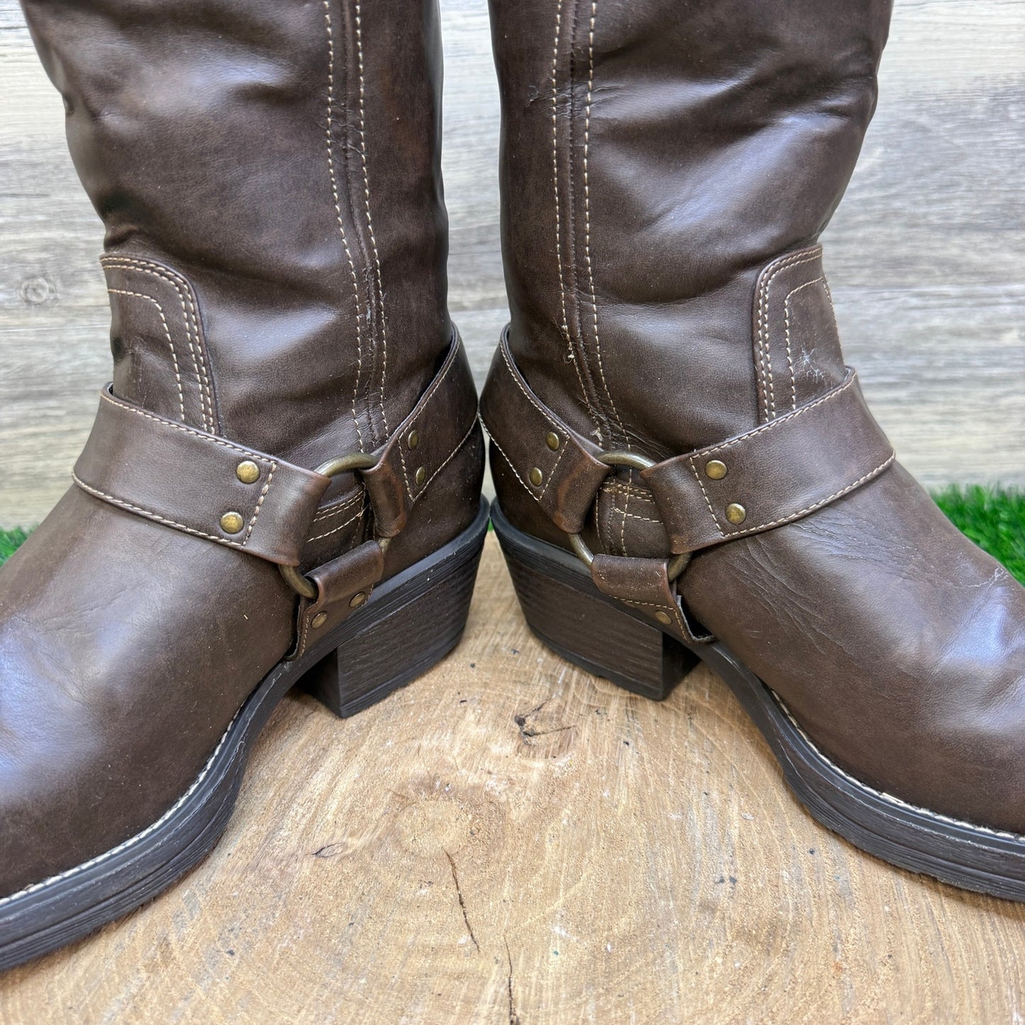 Decree Women - Size 8M - Dark Brown Harness Faux Leather Moto Boots 7412