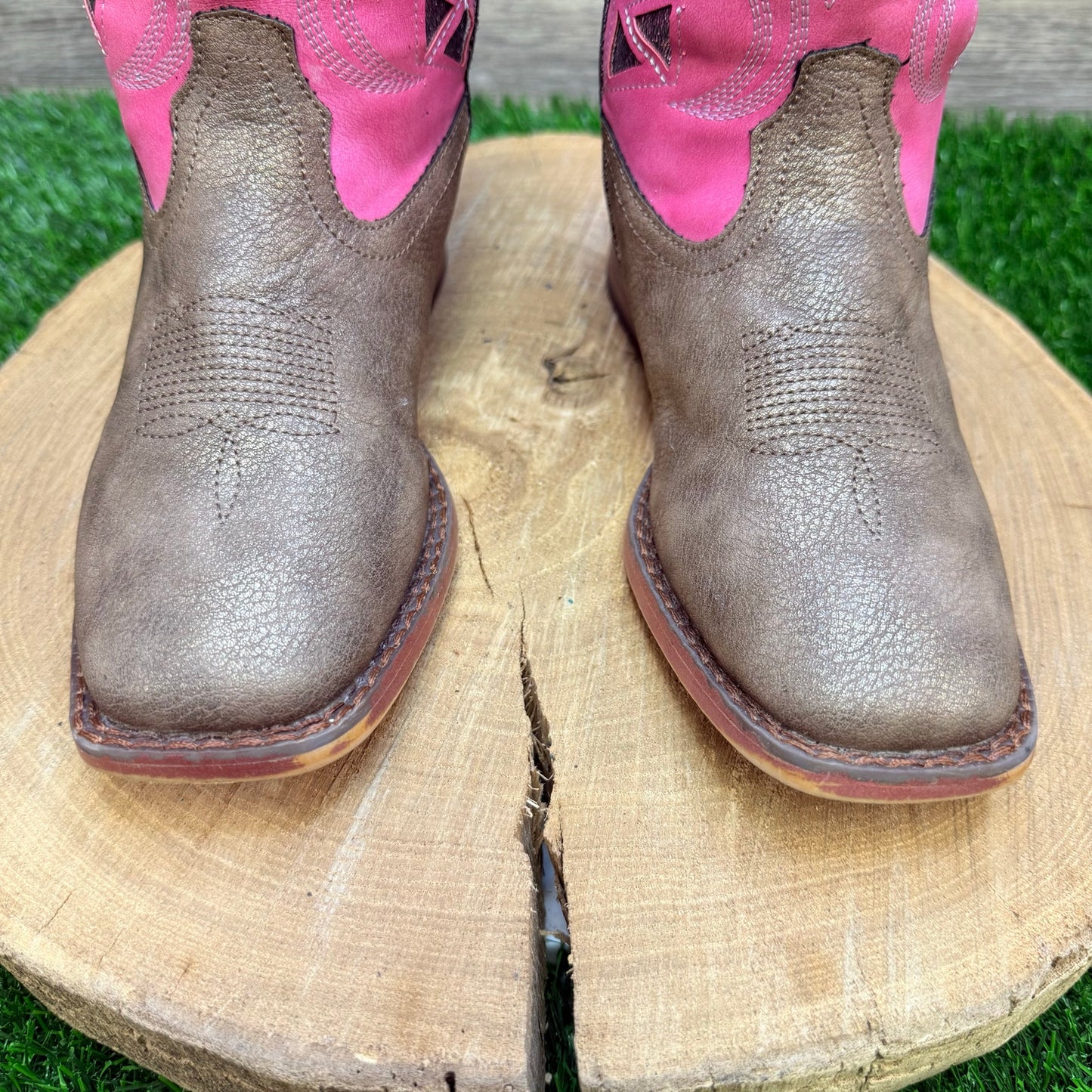 Roper Youth - Size 2 - Glitter Tan / Pink Faux Leather Cowboy Boots 2486