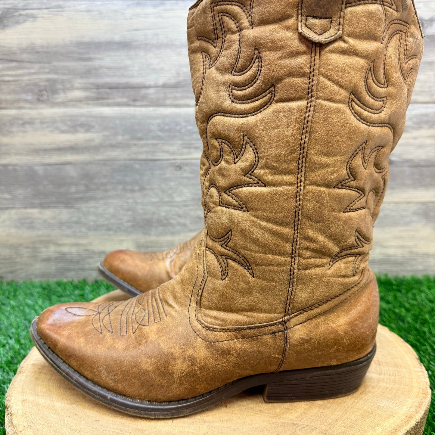 Rodeo Ropers Women - Size 9W - Tan Faux Leather Cowboy Boots Mesa