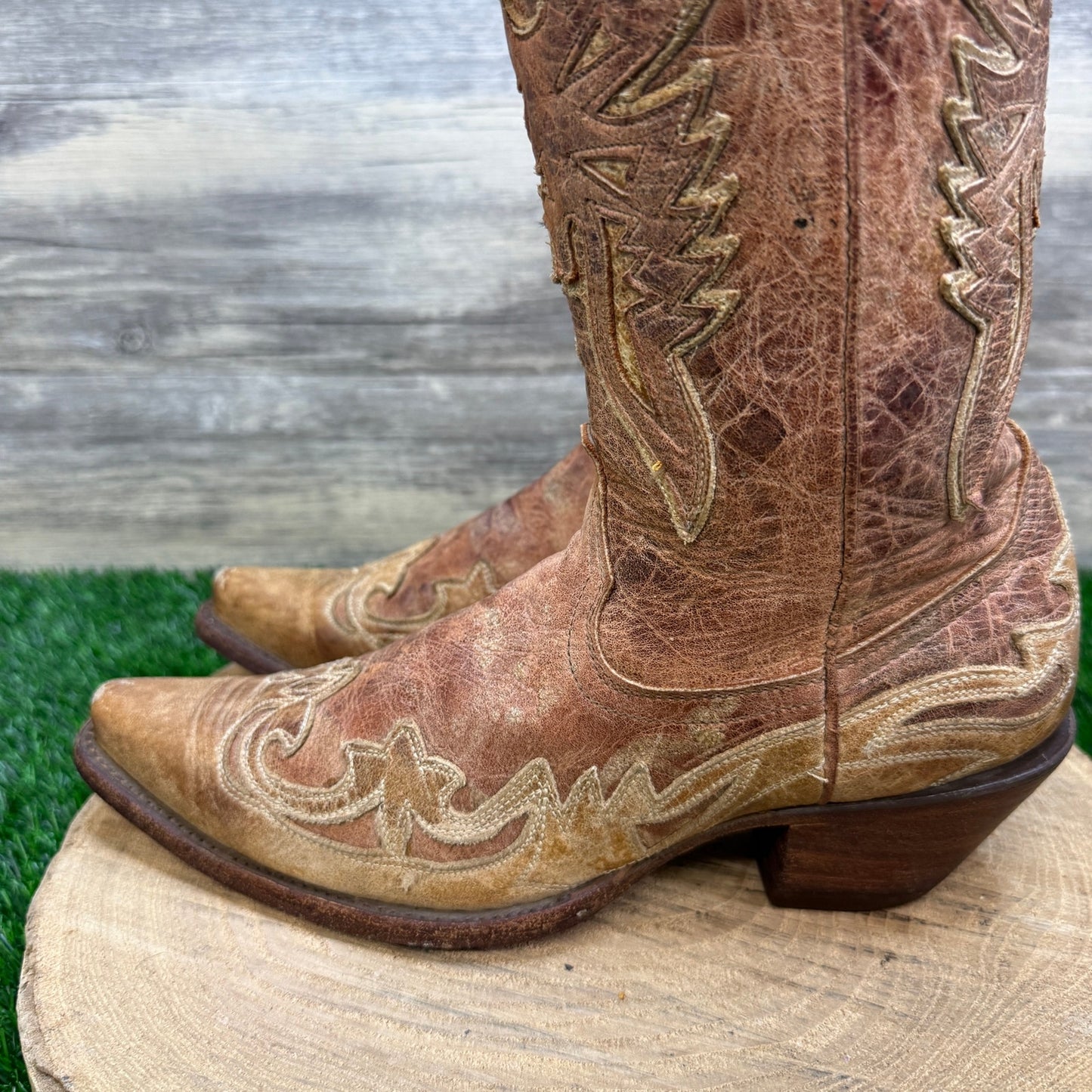 Corral Women - Size 9M - Distressed Crackle Tan Eagle Cowboy Boots R2227