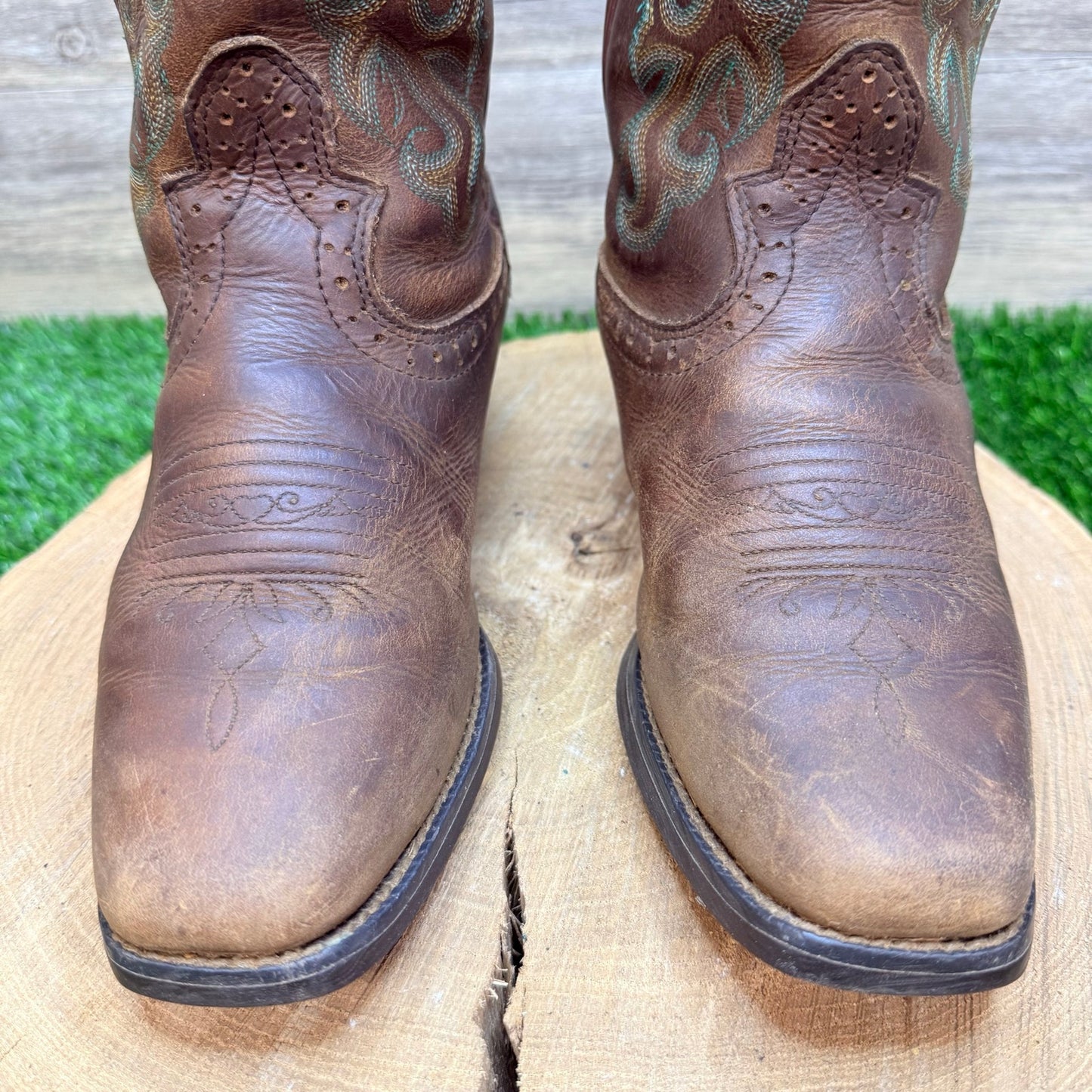 Justin Women - Size 6.5B - Brown / Green Stampede Square Cowboy Boots L2552