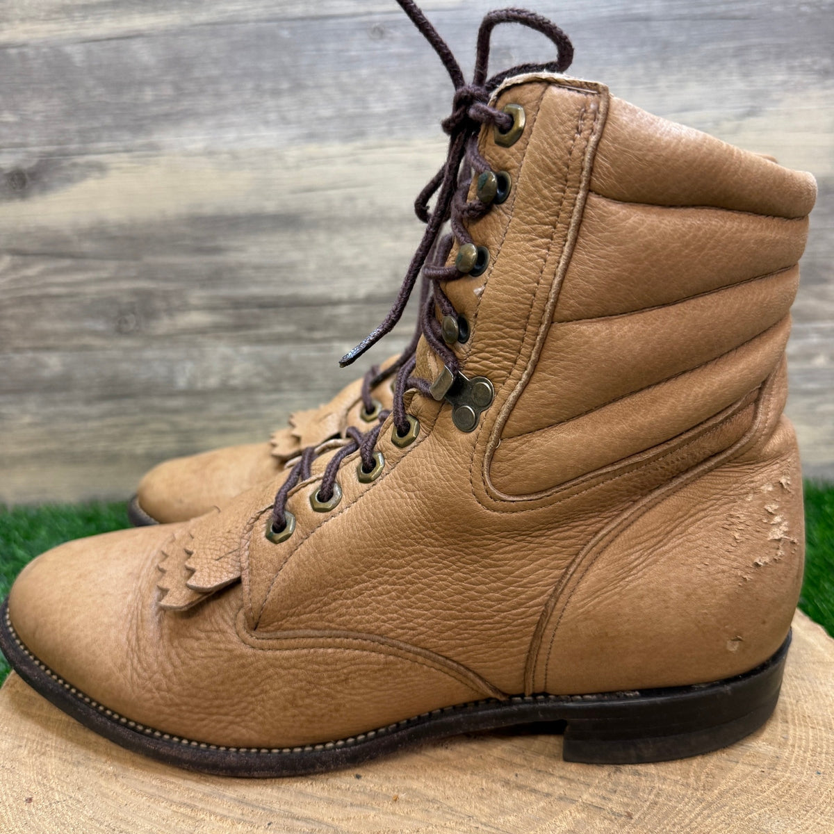 Justin Men - Size 10.5D - Beige Soft Leather Lace Up Cowboy Boots Style 448
