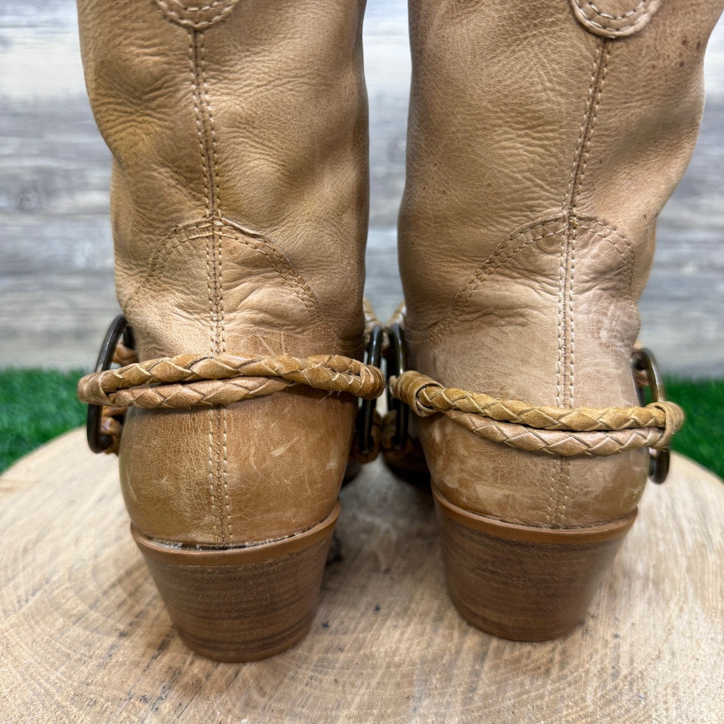 Penny Loves Kenny Women - Size 7.5M - Tan Strappy Cowboy Boots Style Lariat