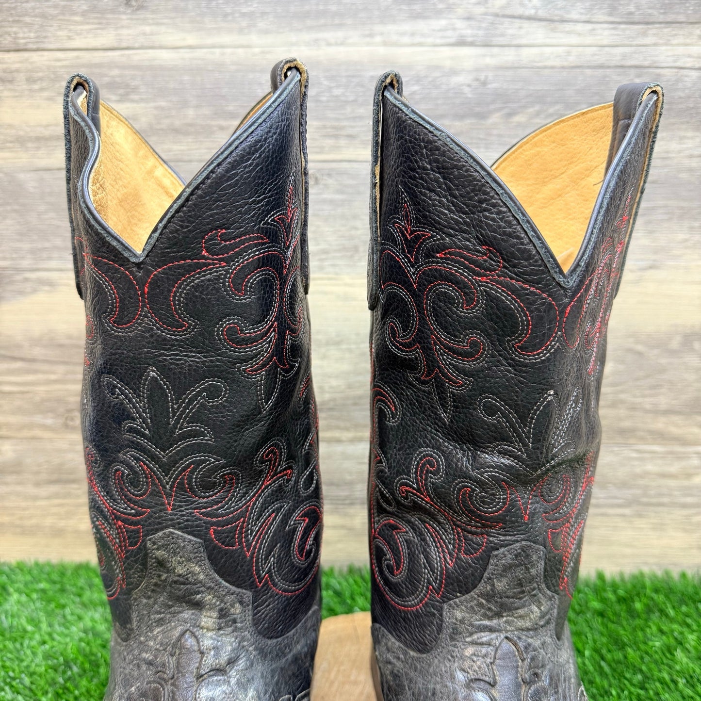 JB Dillon Men - Size 11EE - Black / Red Scroll Square Toy Cowboy Boots JBM2013