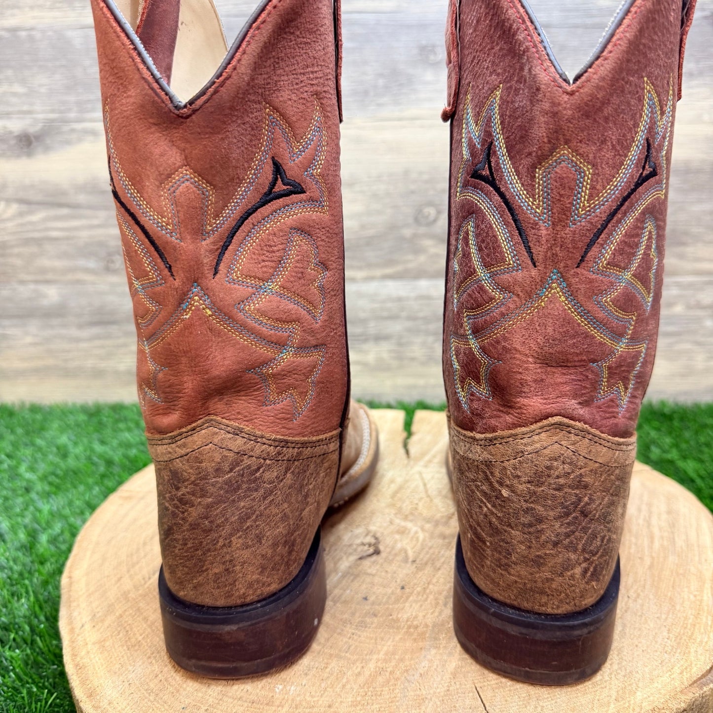 Old West Youth - Size 2D - Brown / Red Square Toe Western Cowboy Boots BSC1912