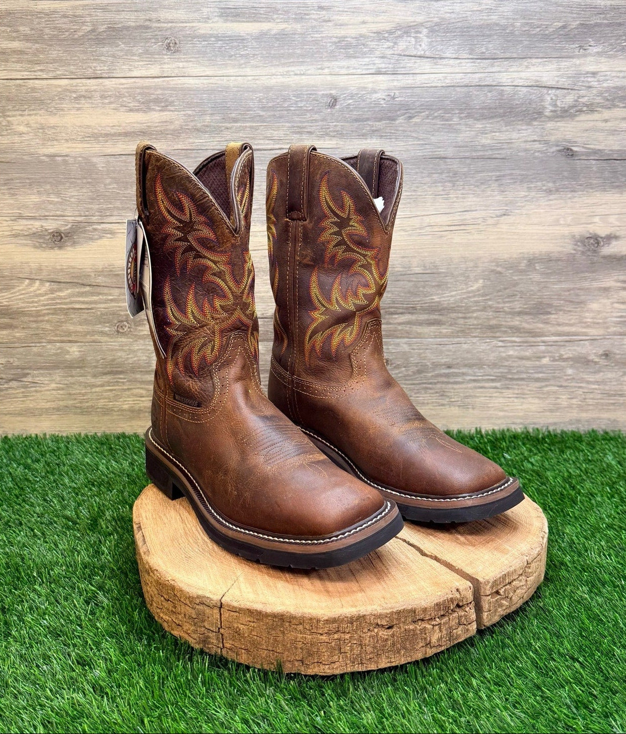 Justin Men - Size 9B - Brown Work Stampede Square Toe Cowboy Boots WKL4689
