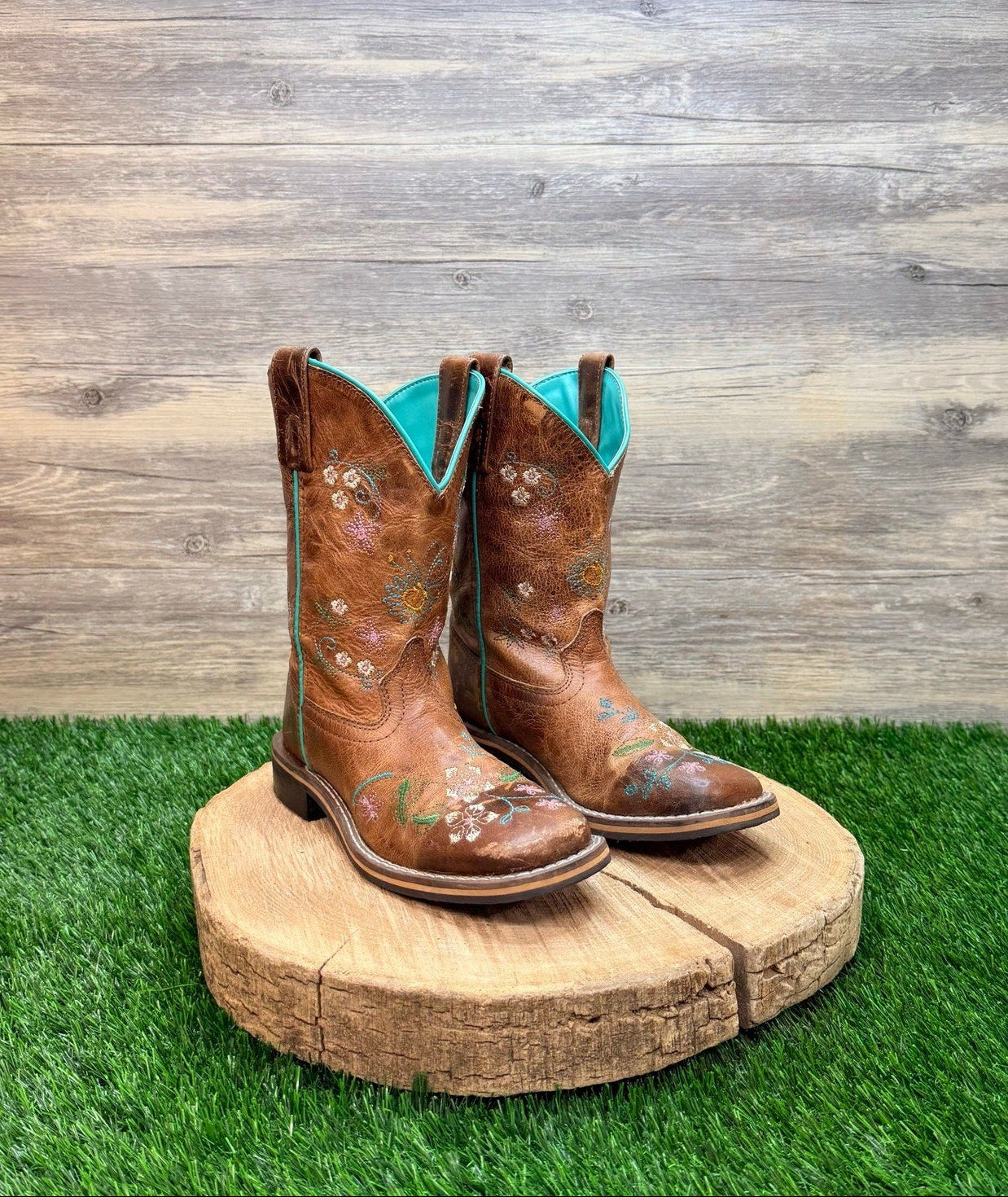 Smoky Mountain Youth - Size 2R - Tan Floral Square Toe Cowboy Boots 3841C