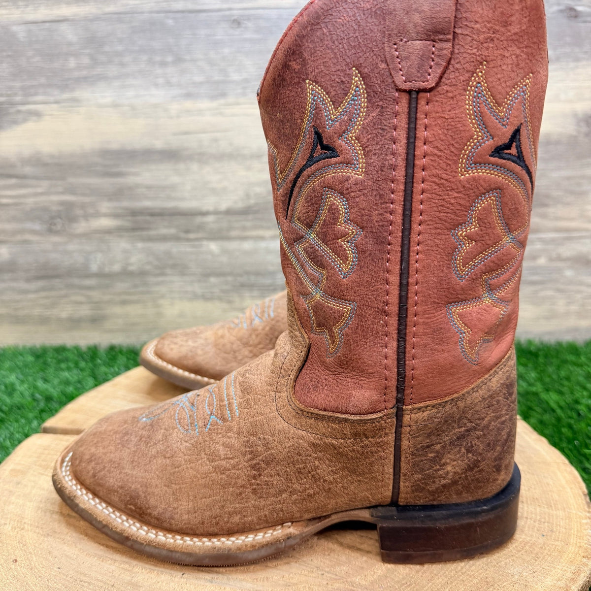 Old West Youth - Size 2D - Brown / Red Square Toe Western Cowboy Boots BSC1912