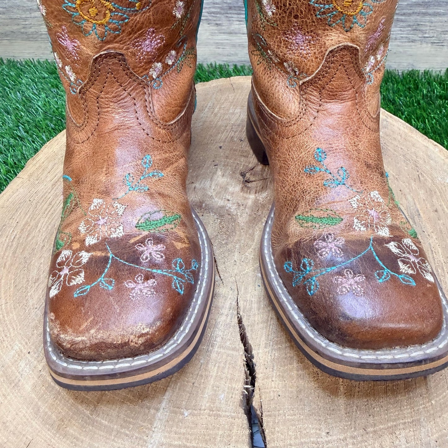 Smoky Mountain Youth - Size 2R - Tan Floral Square Toe Cowboy Boots 3841C