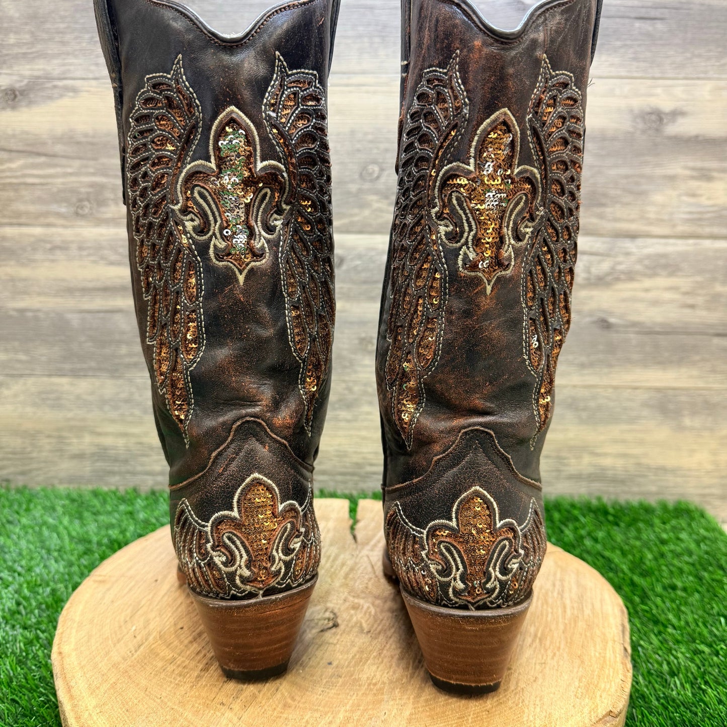 Corral Women - Size 7M - Brown Fleur De Lis Wings Cowboy Boots R2549