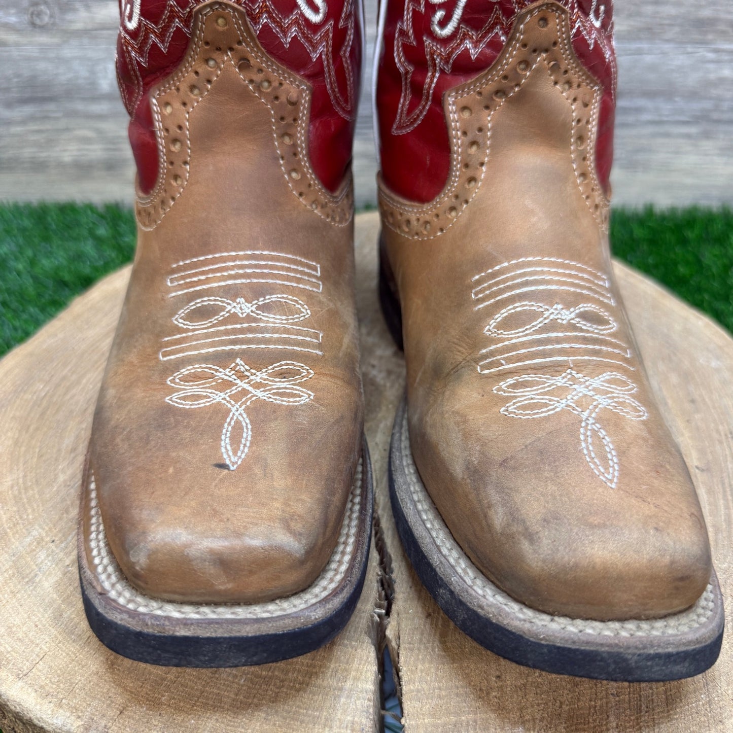 Tierra Blanca Youth - Size 4.5 - Tan/Red Square Toe Cowboy Boots Style 618