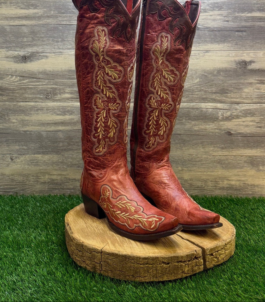 Lane Women - Size 8.5 - Red Tall Zipper Snip Toe Cowboy Boots Style A0078A