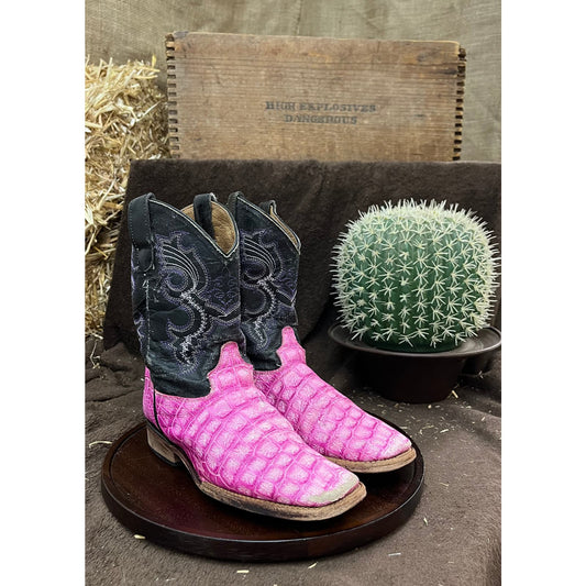 Ferrini Youth - Size 2.5 - Hot Pink/Black Square Toe Cowboy Boots