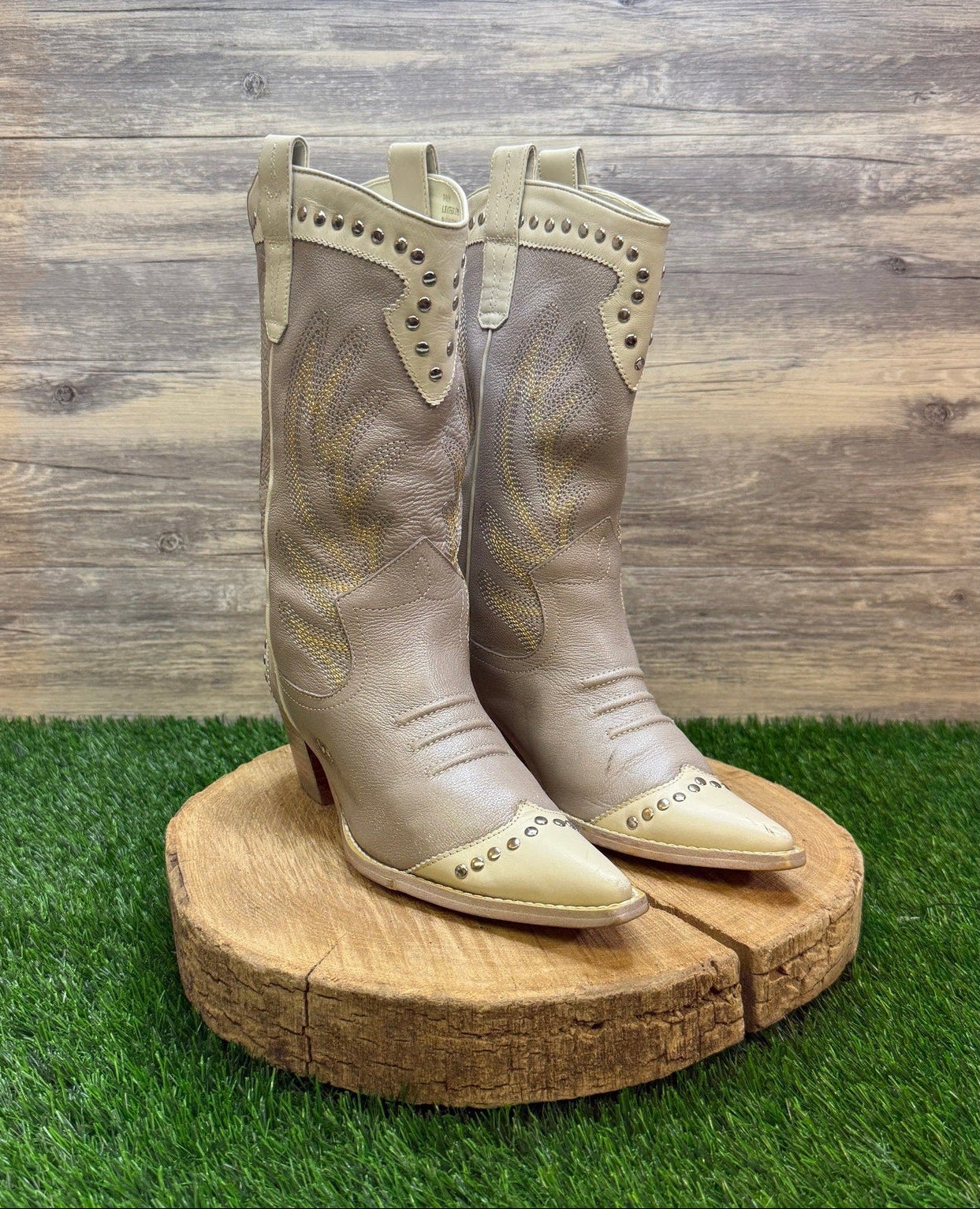 Kathy Van Zeeland - Size 7 - Cream/Gray Studded Cowboy Boots Style F059