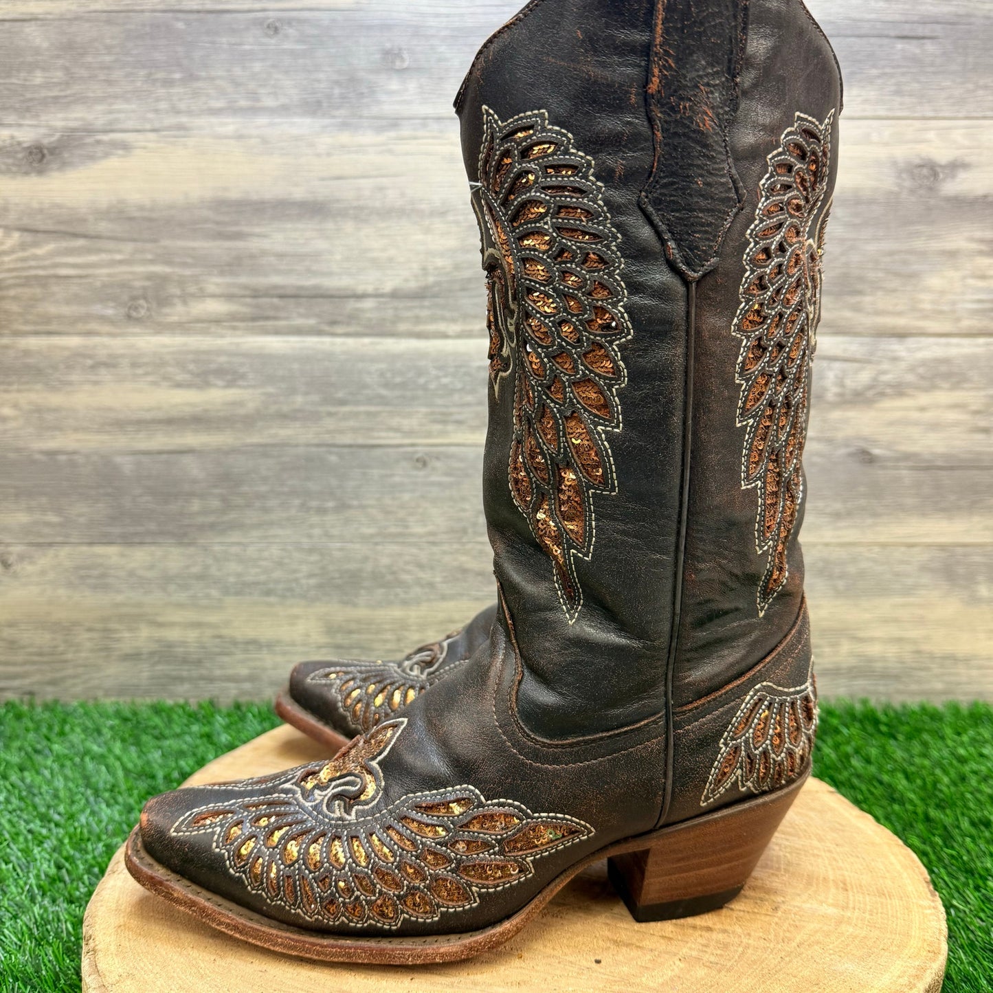 Corral Women - Size 7M - Brown Fleur De Lis Wings Cowboy Boots R2549