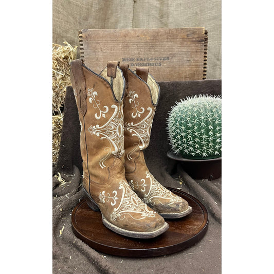JNY Youth - Size 3 - Tan Scroll Square Toe Cowboy Boots Style 473