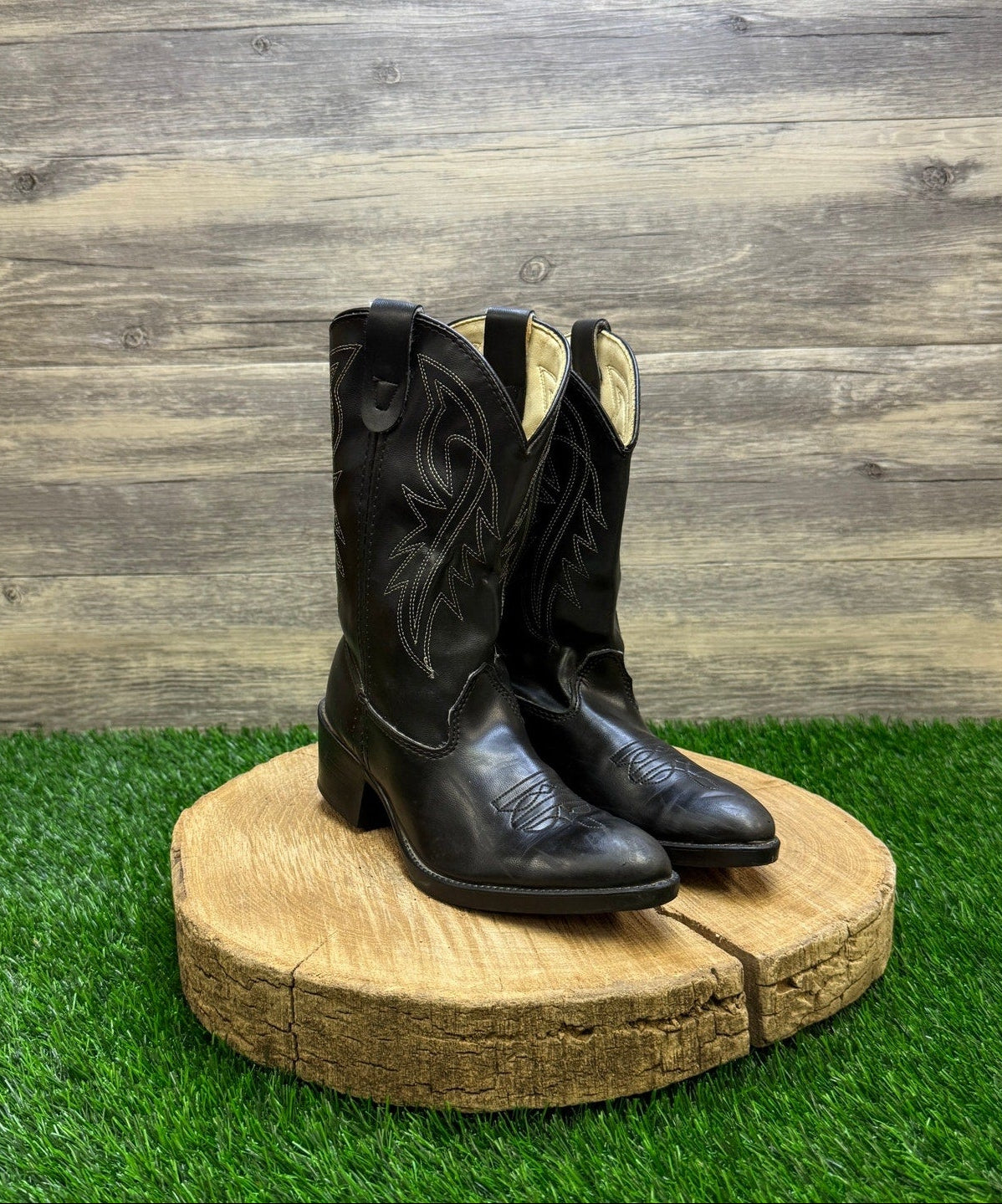 Texas Youth - Size 1D - Vintage Black Faux Leather Cowboy Boots Style C1890