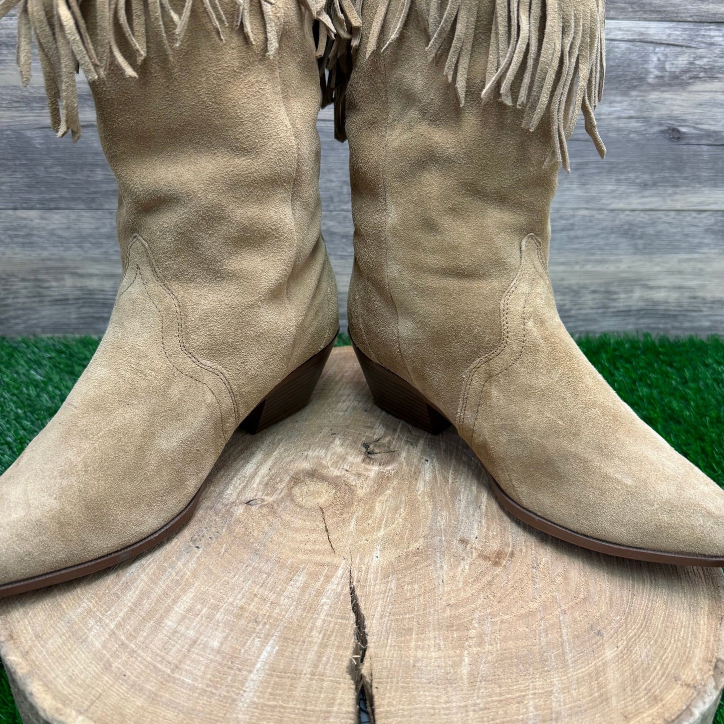 Silver Star Women - Size 8 Vintage Sand Suede Fringe Cowboy Boots Style Houston