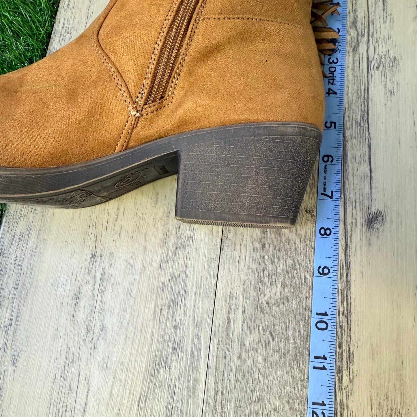 OS Women - Size 9.5M - Cognac Faux Suede Fringe Ankle Boots 73277