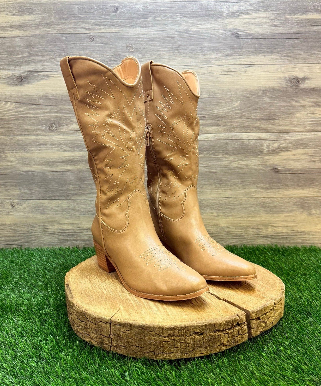 Unknown Women - Size 6.5 - Tan Faux Leather Zipper Cowboy Boots