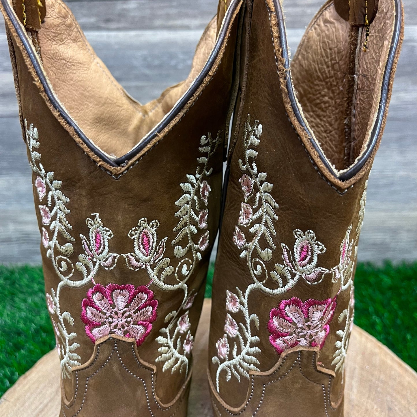 Nicasio Youth - Size 2 - Brown Suede Floral Square Toe Cowboy Boots