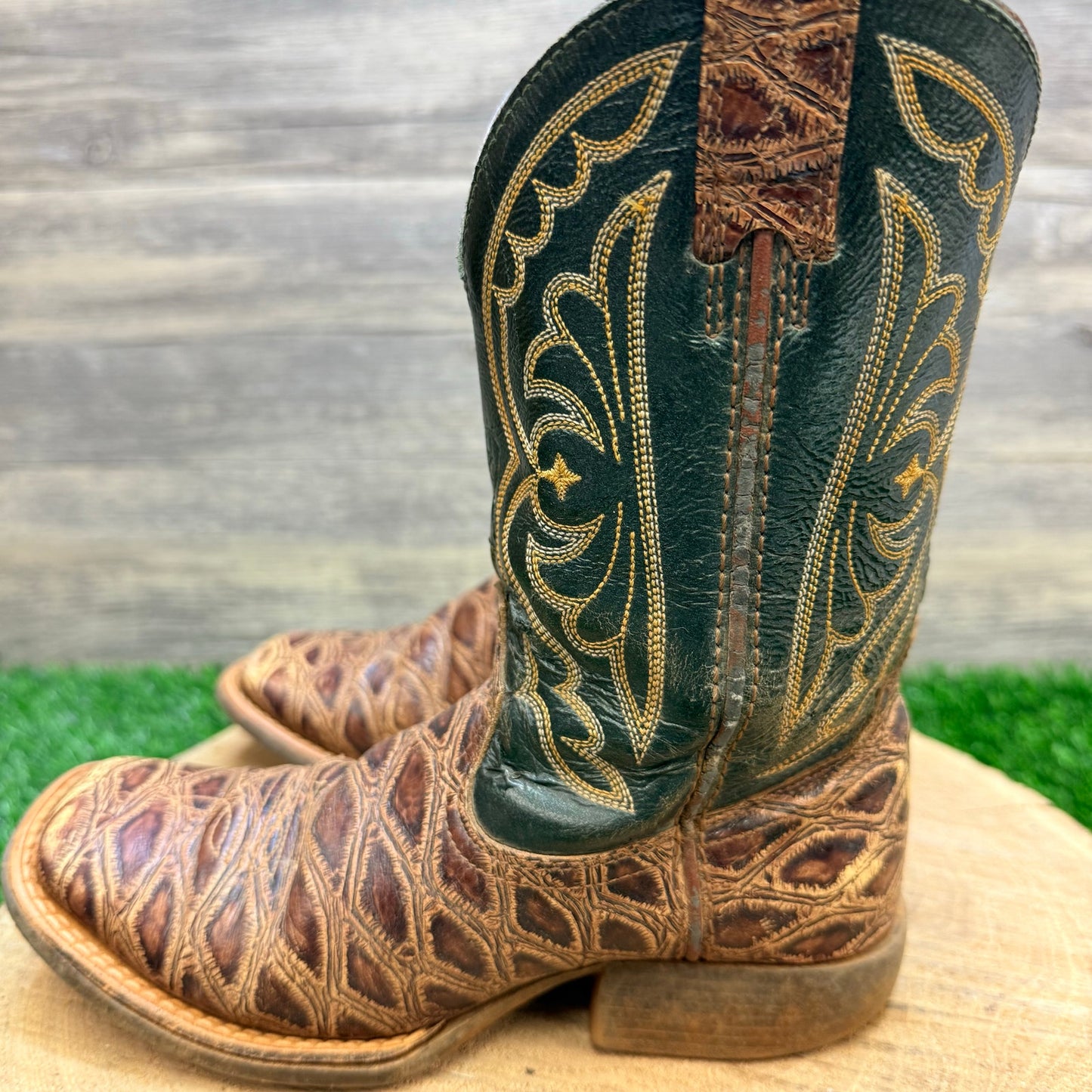 Ariat Youth - Size 13.5 - Brown/Green Square Toe Cowboy Boots