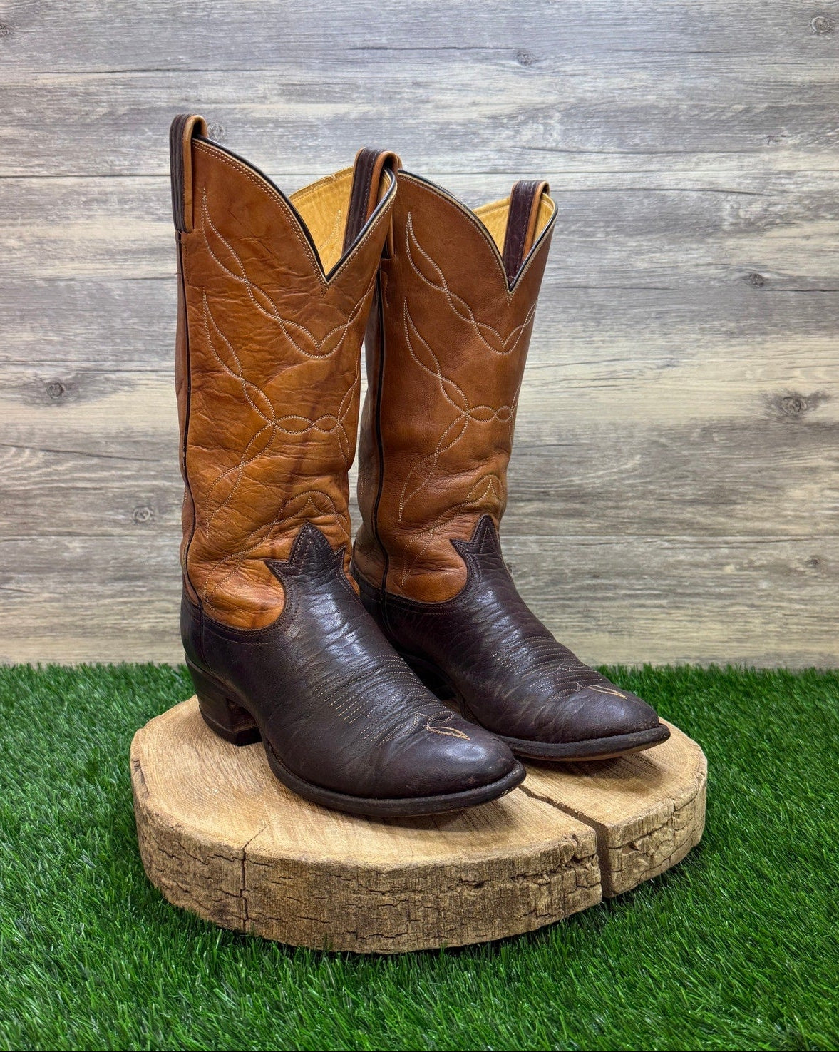 Tony Lama Men - Size 7.5D - Vintage Two Tone Marbled Brown Cowboy Boots H9726