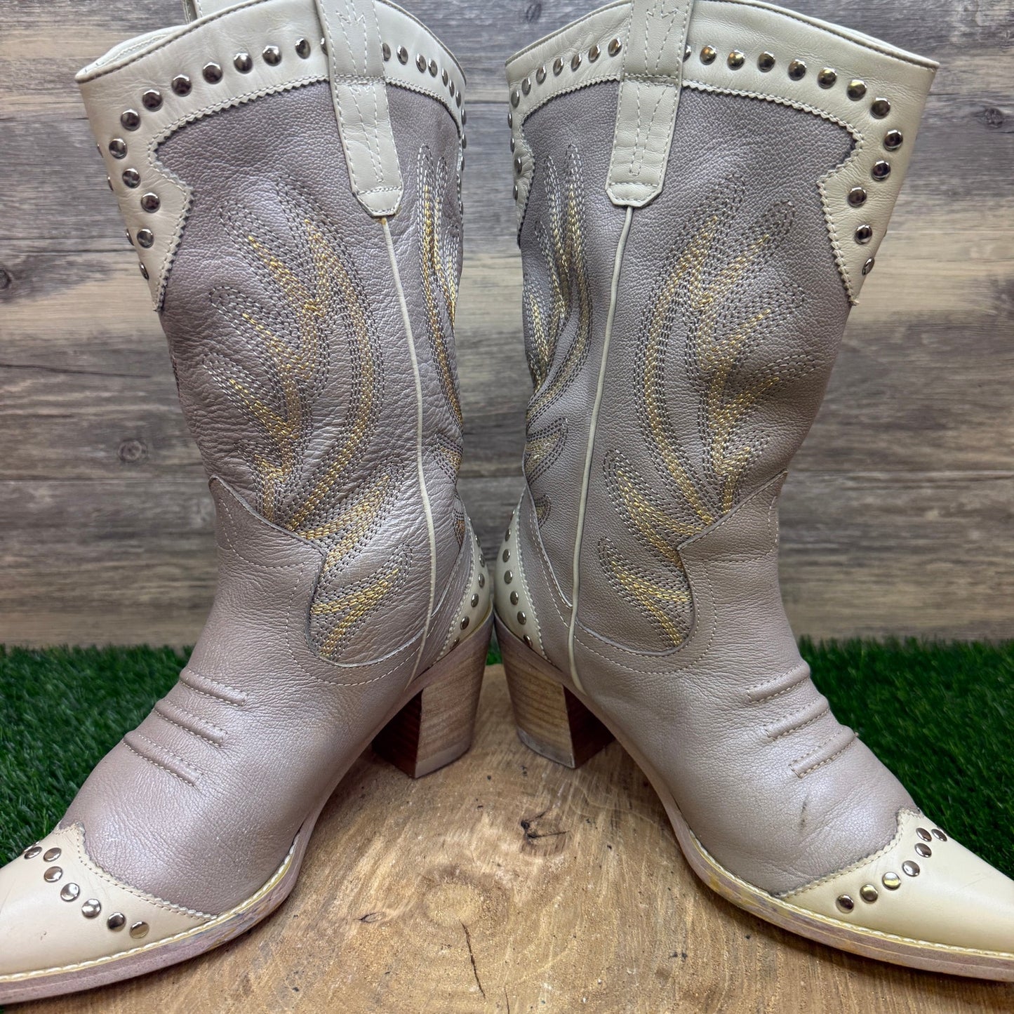 Kathy Van Zeeland - Size 7 - Cream/Gray Studded Cowboy Boots Style F059
