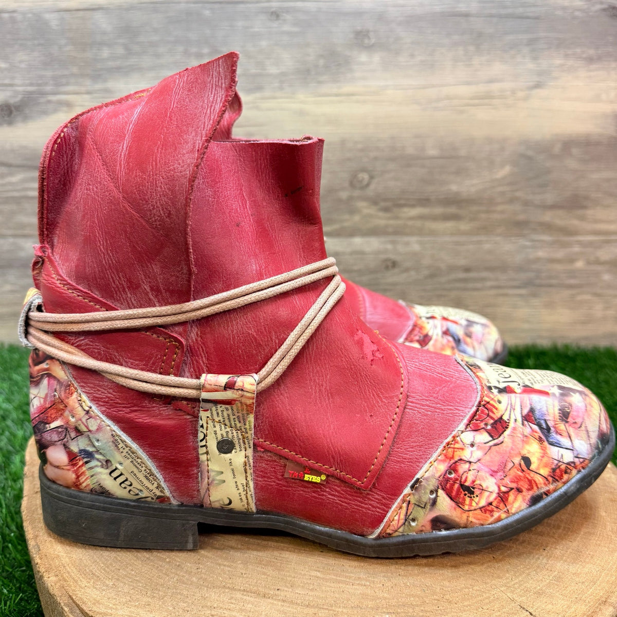 TMA Eyes Women - Size 9.5 - BOHO Newspaper Print Ankle Boots