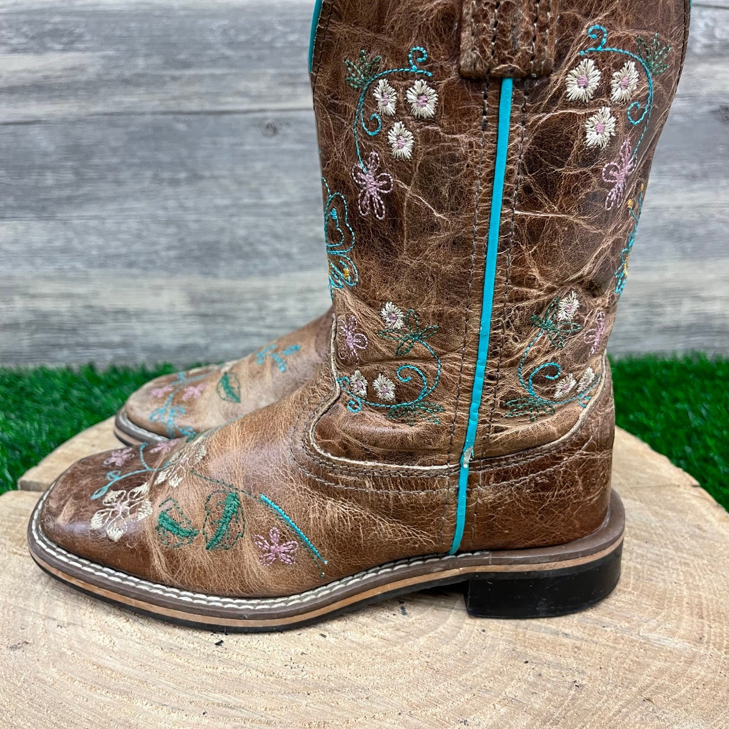 Smoky Mountain Youth - Size 13.5 - Tan Floral Square Toe Cowboy Boots 3841C