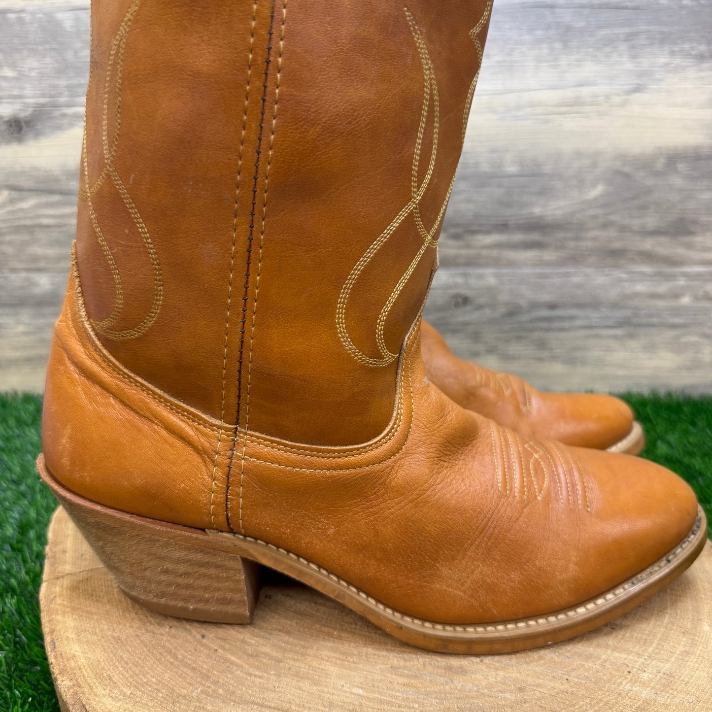 Acme Men - Size 9.5D - Vintage Marbled Tan Western Cowboy Boots Style 4607