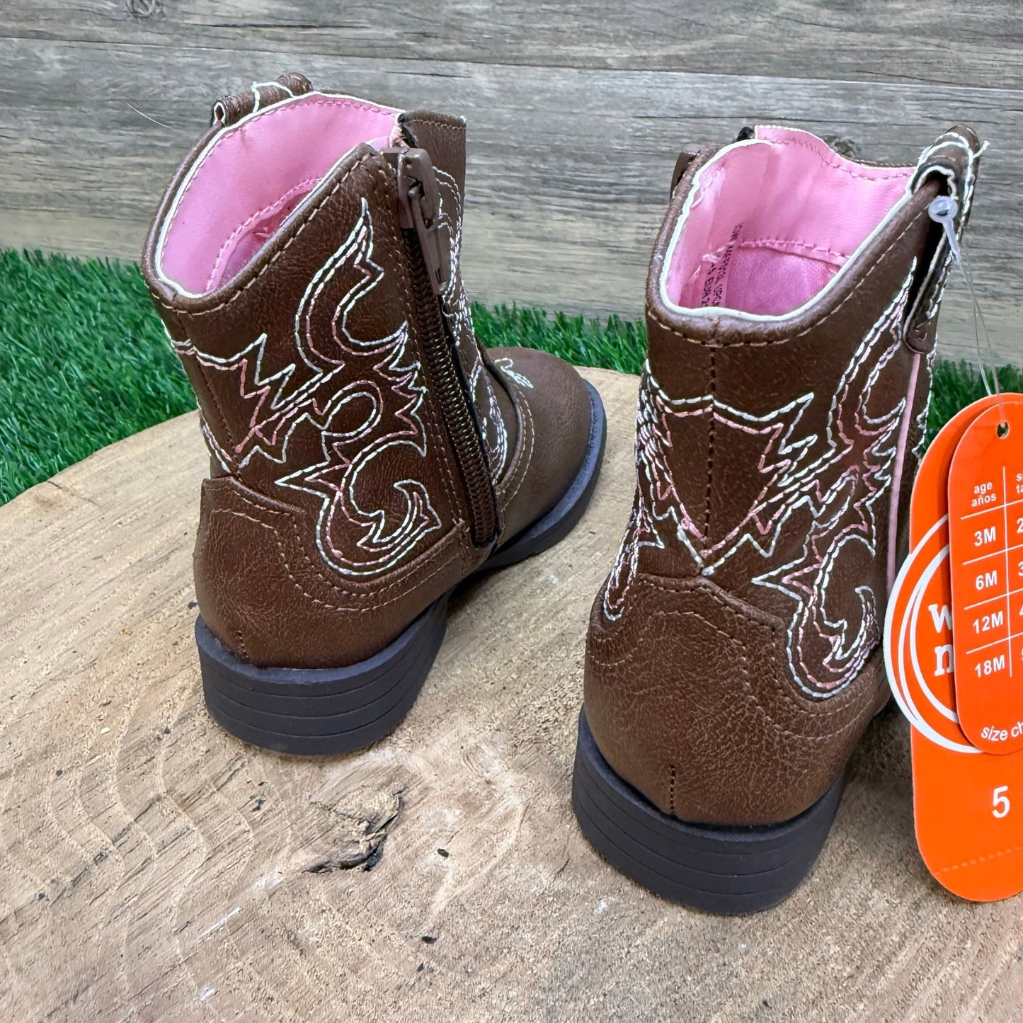 NEW Wonder Nation Youth - Size 5 - Brown / Pink Faux Leather Cowboy Boots