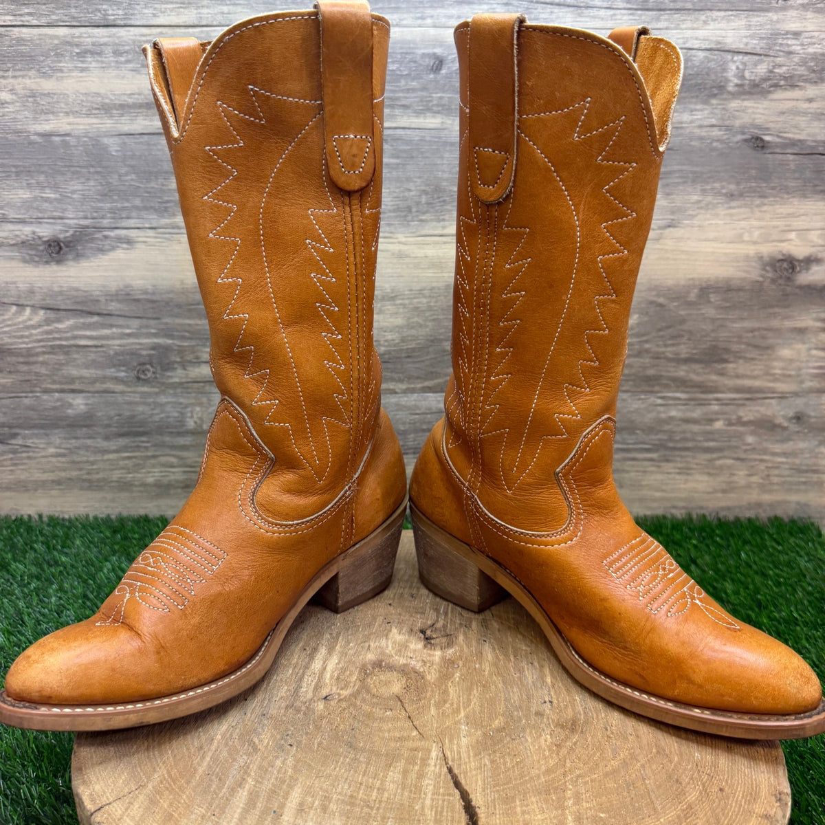 Landis Men - Size 7D - Vintage Carmel Leather Western Cowboy Boots Style 94046
