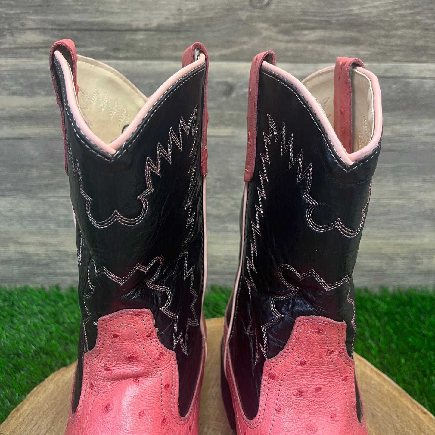 Old West Youth - Size 6 - Pink/Black Ostrich Print Round Toe Cowboy Boots 1219Y