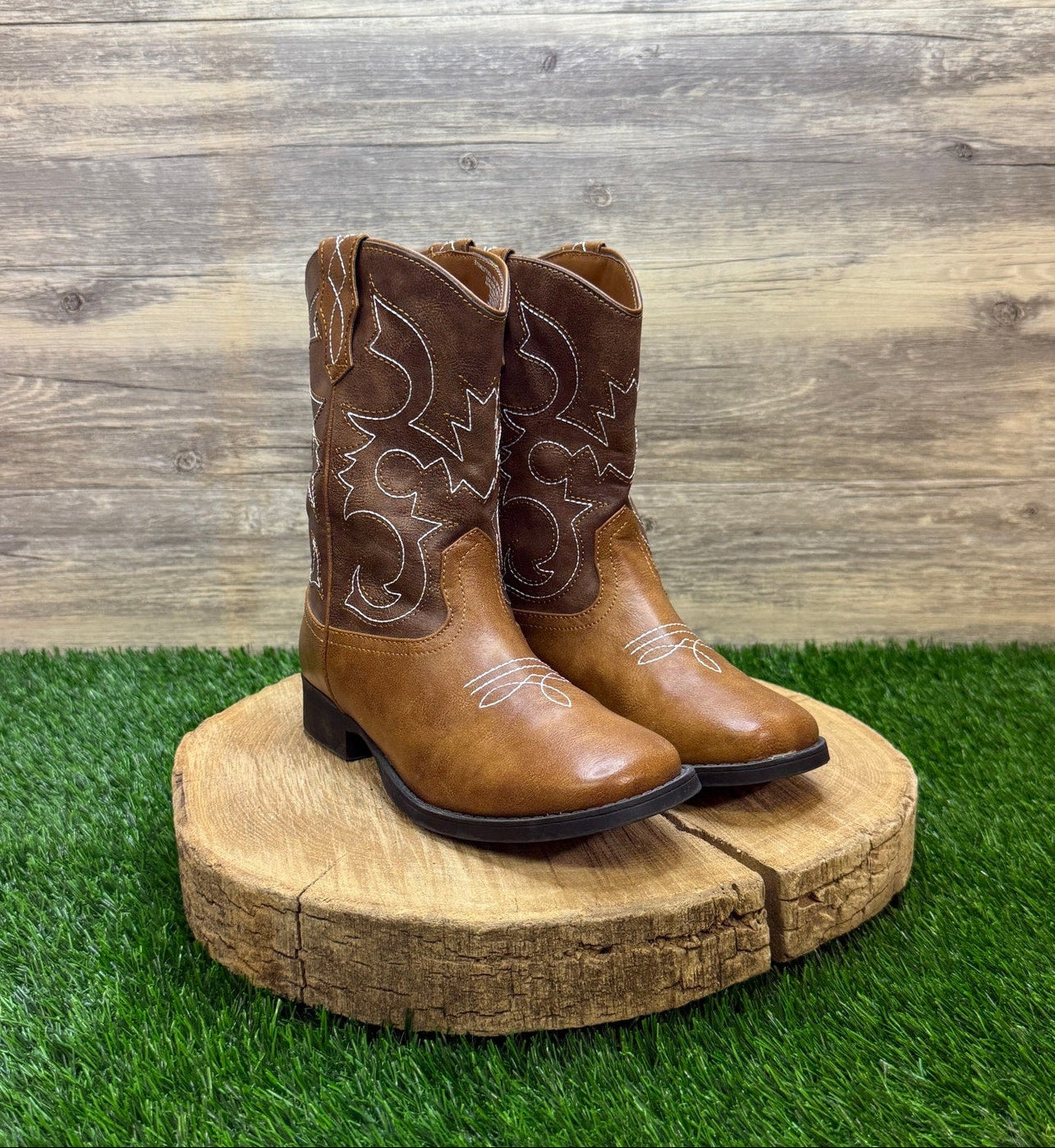 Wonder Nation Youth - Size 3 - Brown Faux Leather Square Toe Cowboy Boots 47083