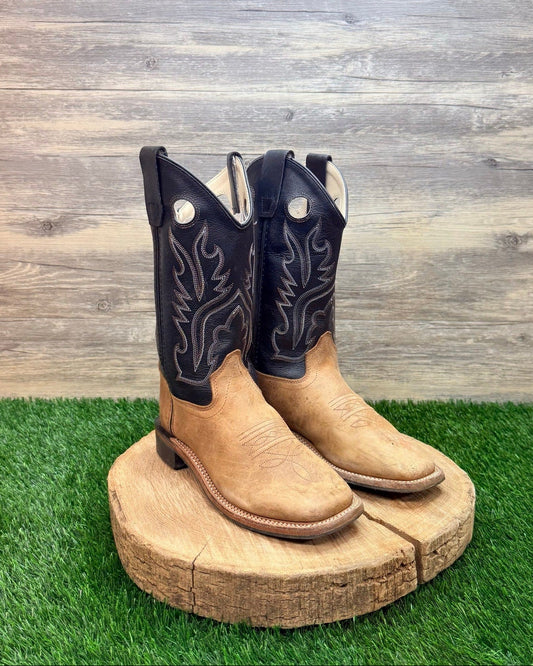 Old West Youth - Size 4.5D - Black / Tan Square Western Cowboy Boots BSY1814