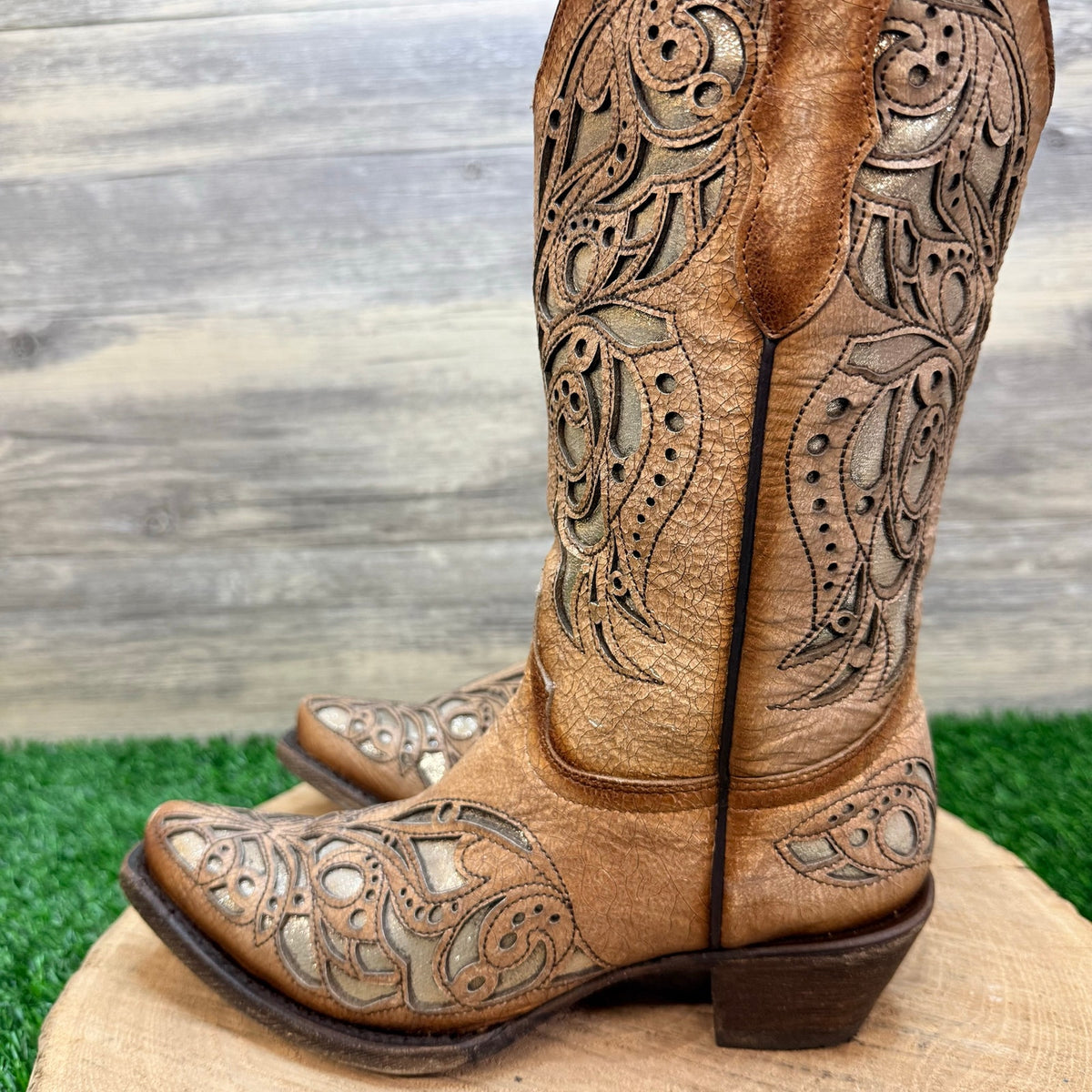Corral Teen Youth - Size 5 - Beige / Gold Inlay Western Cowboy Boots 0080