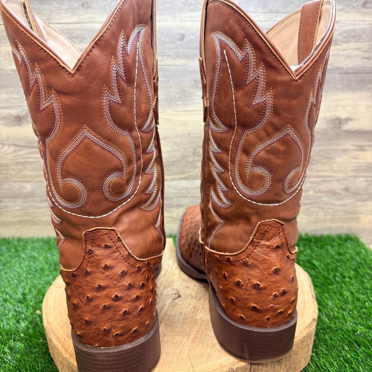 Roper Men - Size 13 - Brown Faux Ostrich Leather Square Toe Cowboy Boots 0807