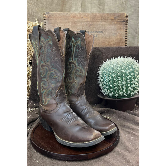 Justin Women - Size 8.5B - Brown/Green Square Toe Cowboy Boots Style L2552