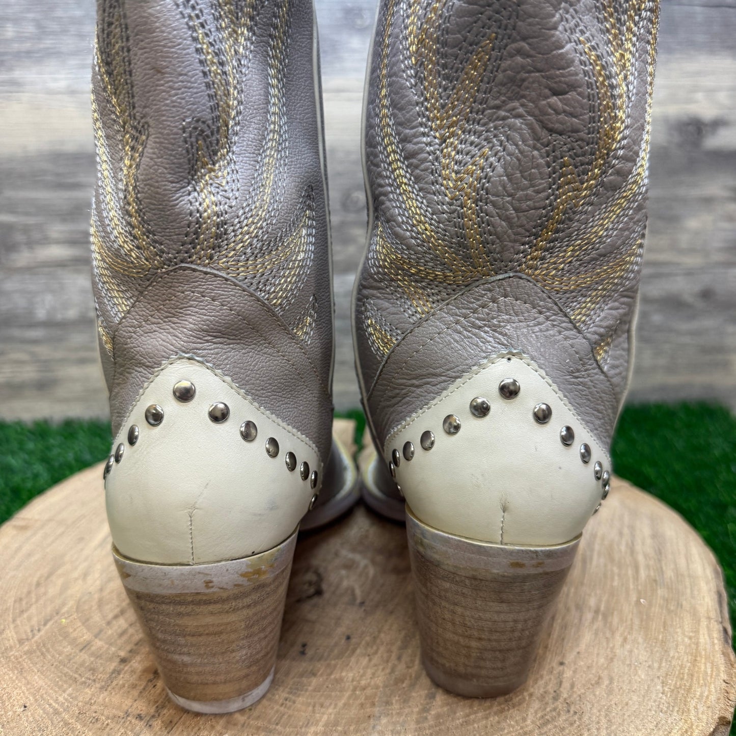 Kathy Van Zeeland - Size 7 - Cream/Gray Studded Cowboy Boots Style F059